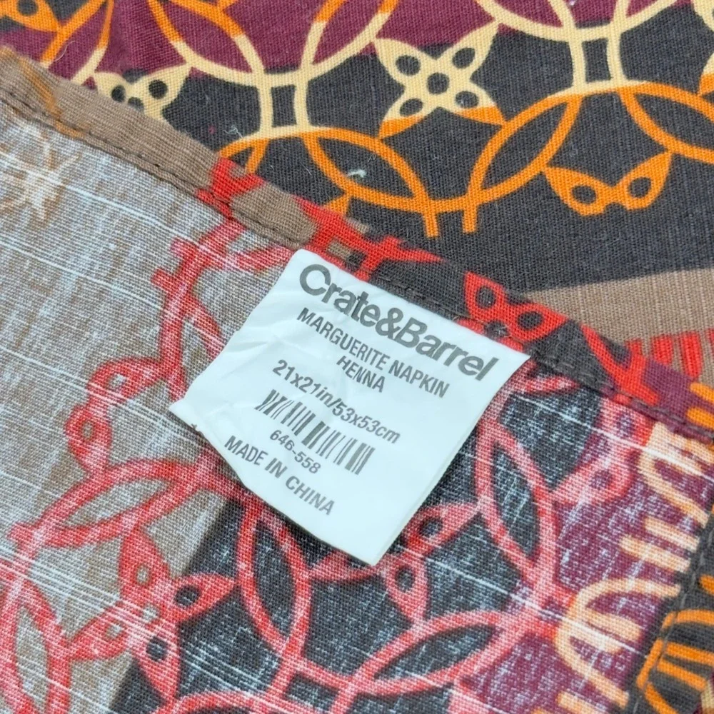 Crate & Barrel Marguerite Henna Cotton Napkins Set of 8 Boho Geometric 21x21
